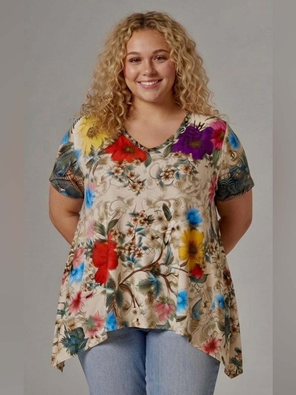 JOHNNY WAS. Floral Tunic. Cream & Floral. V Neck. XXL. Excellent Condition.
